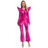 S-3XL Women‘s Disco Jumpsuit Halloween Costume: Shiny Metallic Long Sleeve High Waist Romper with Bell Bottoms & Front Zip