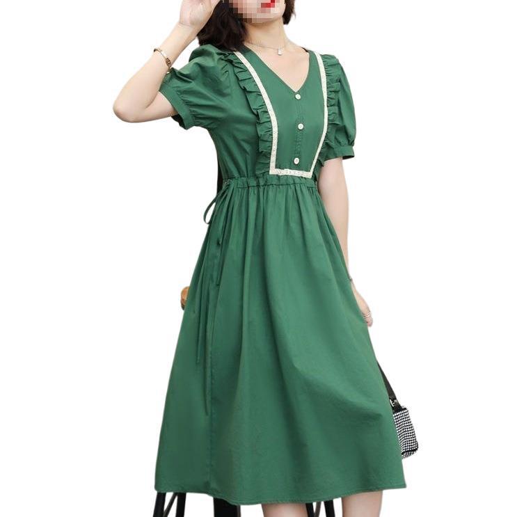 Forest-Style Puff Sleeve A-Line Dress: Summer French Waist-Cinching Mid-Length Skirt with Contrasting Colors