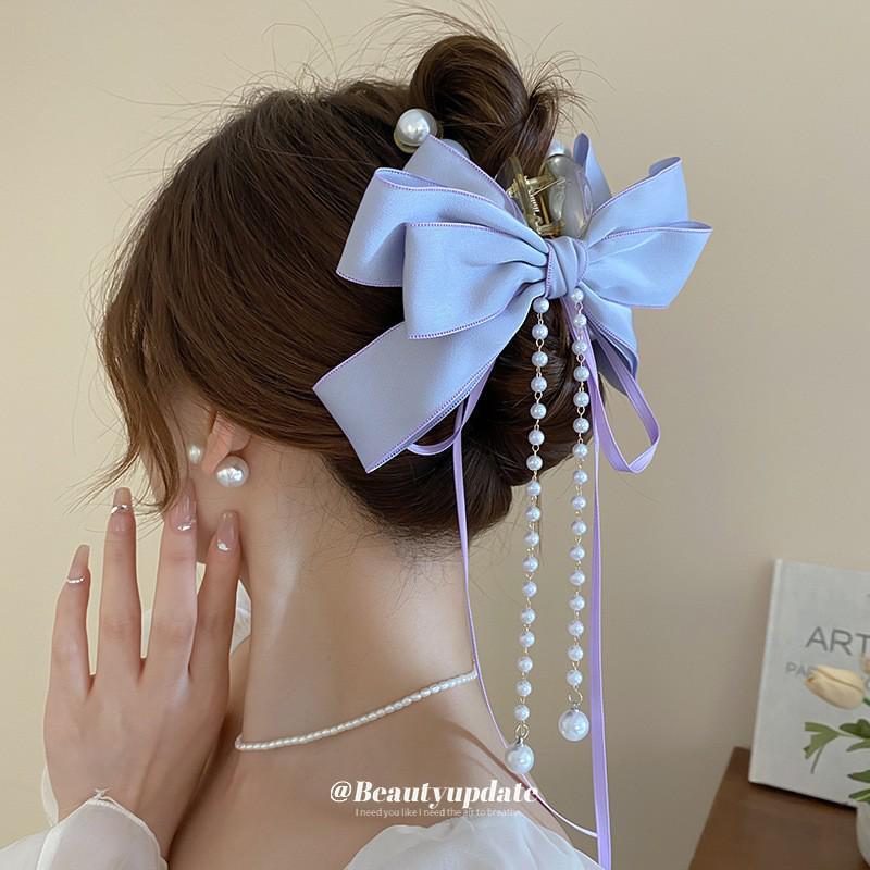 Elegant Faux Pearl Tassel Hair Clip with Bow for Women - Chic Updo Accessory