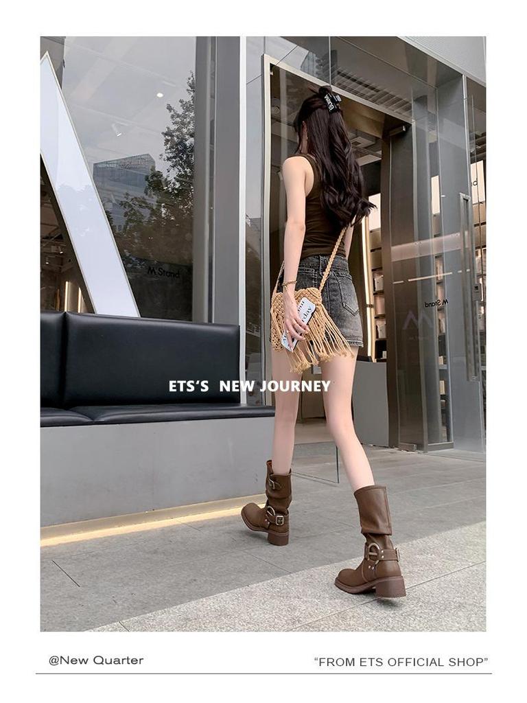 European & American Western Stacked Heel Mid-Calf Knight Boots for Women