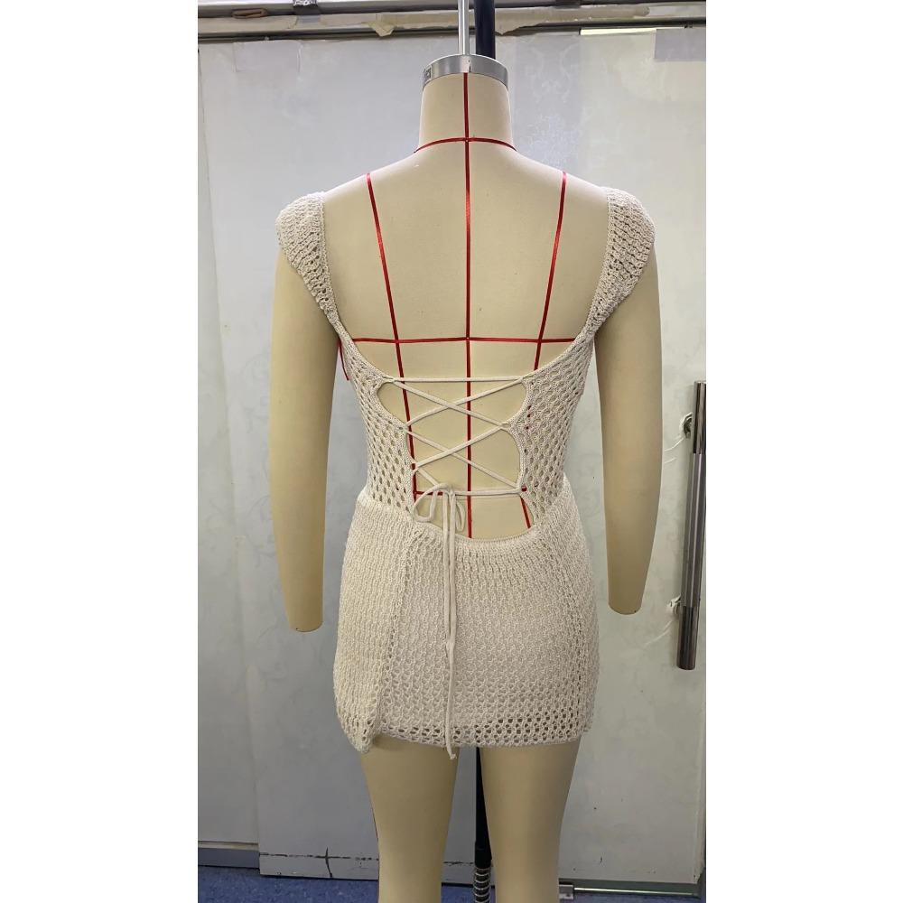 Summer Women's Low Cut Vest Sexy Backless Strappy Knit Slim Hip Dresses