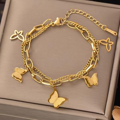Elegant Vintage-style Stainless Steel Layered Bracelet with Unique Butterfly Accents Is Perfect for Everyday Wear