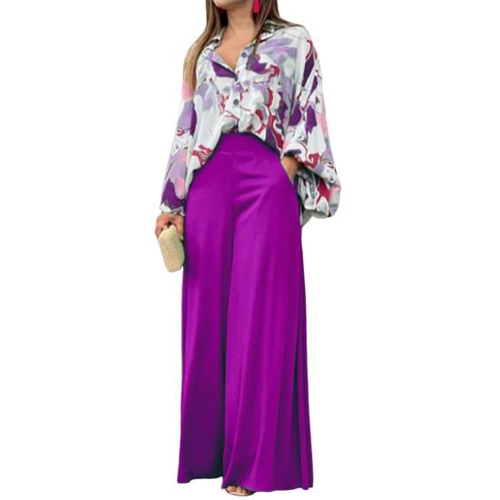 Damen 2-teiliges Outfit Blumendruck Langarm Hemd mit Knöpfen und High Waist Weitbeinige Hosen Set Frühling Sommer Lässiges Lounge Set
