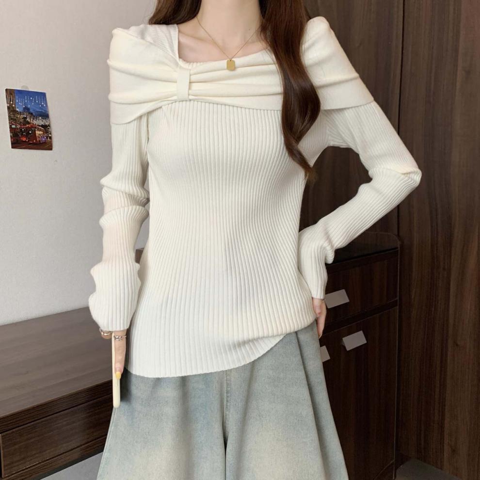 2025 Autumn and Winter New One-word Neck Bow Personalized Versatile Knitted Sweater Women's Fat Slim Slim Top