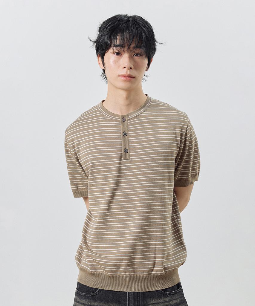 Dibsenseu Striped Henley Neck Short Sleeve Knit