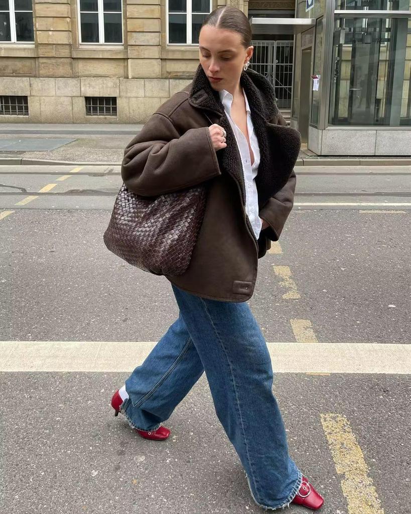 2023 Plus Size Shearling Lapel Jacket for Women - European & American Style Autumn/Winter Fashion