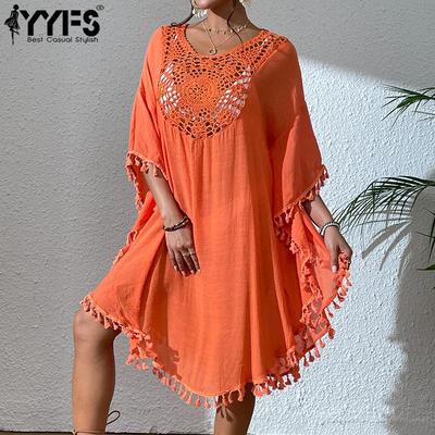 Women's Fashion Summer Spring Solid Color Print 1/2 Sleeves O-Neck Beach Dresses Naks and Pareo