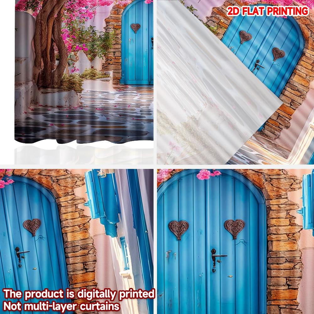 Set Of 2 Pink Blossom Alley Curtains Digital Printing Blue Doors Stone Path Flowering Tree Scene Bedroom Living Room Decor Made Polyester Great Window