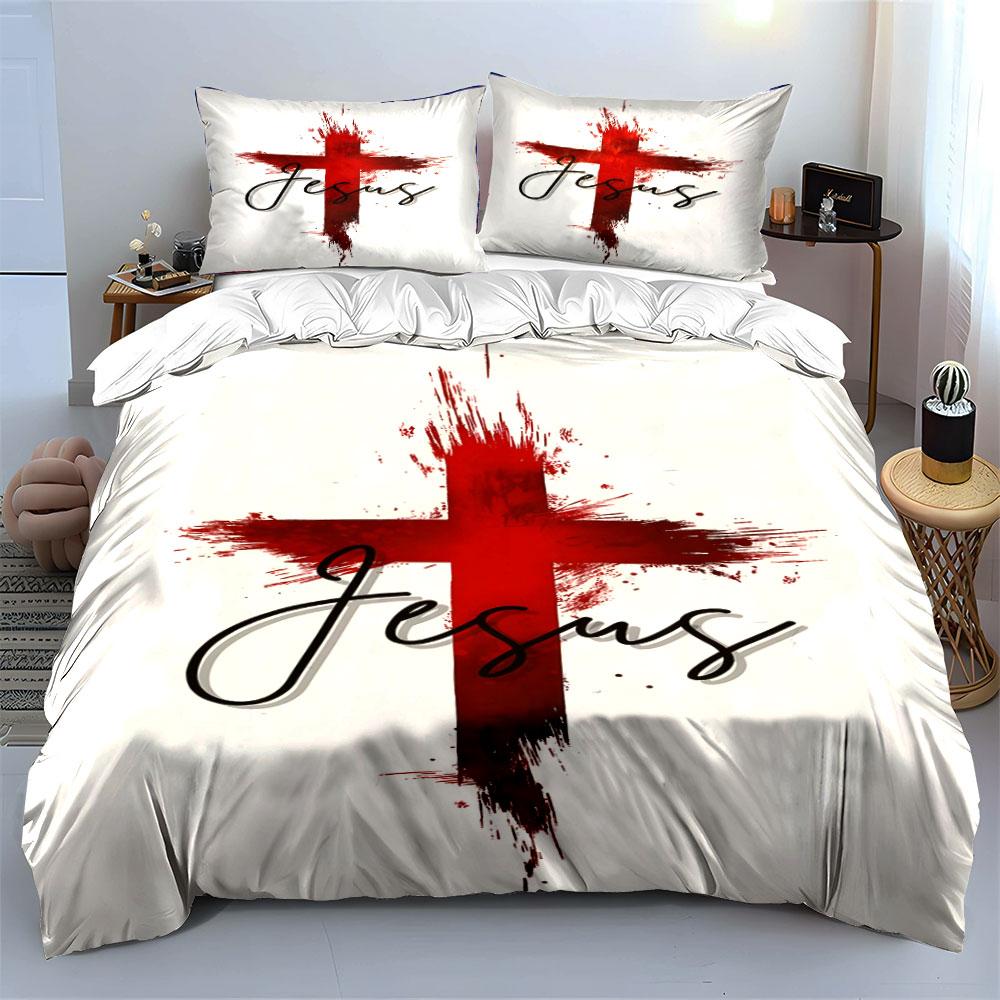 Red cross with "Jesus". Bedding sets Duvet cover sets Duvet covers Pillowcases(1 * Duvet Cover 2 * Pillowcases, without duvet insert)