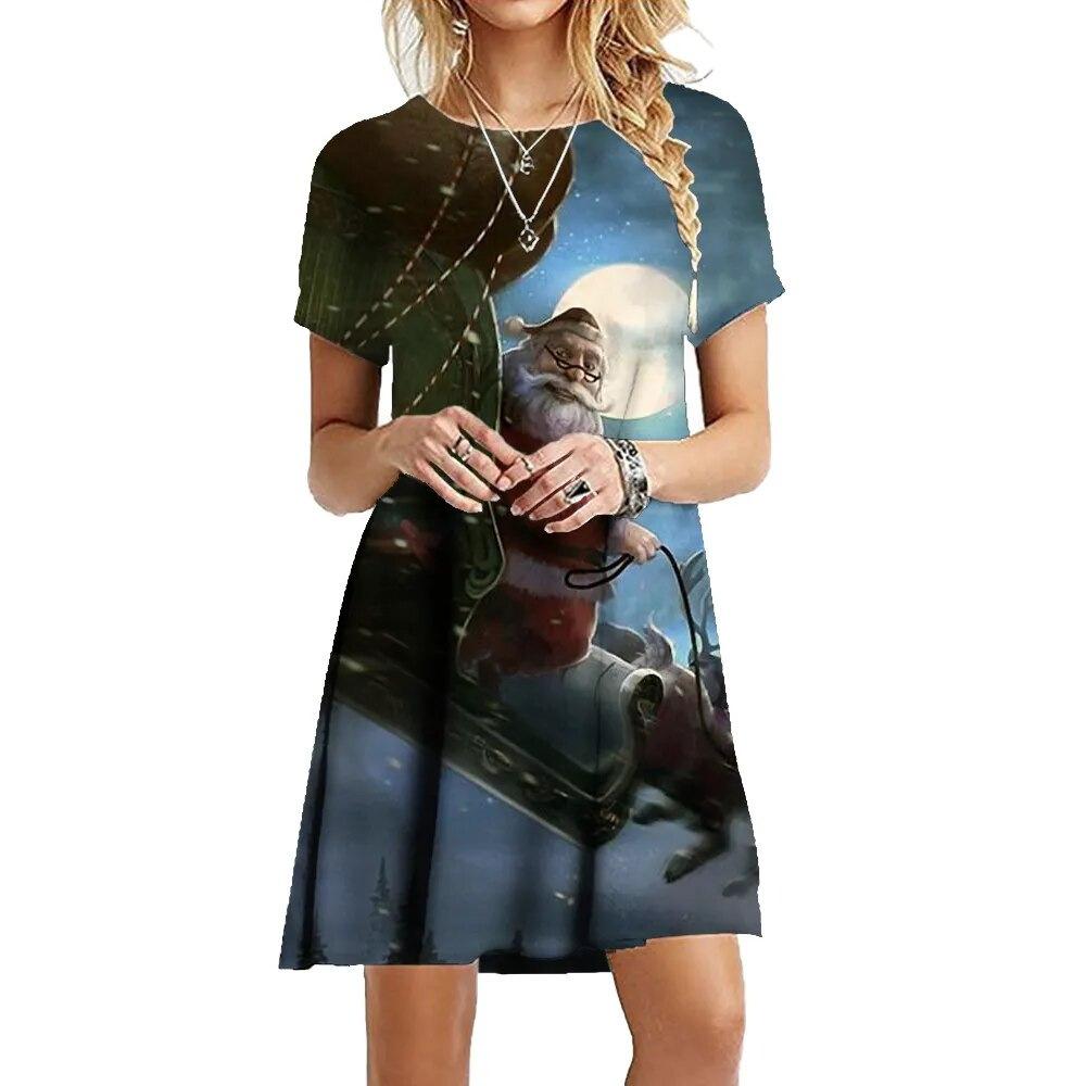 Women 3d Print Short Sleeve Midi Dress Plus Size Holiday Beach Dresses