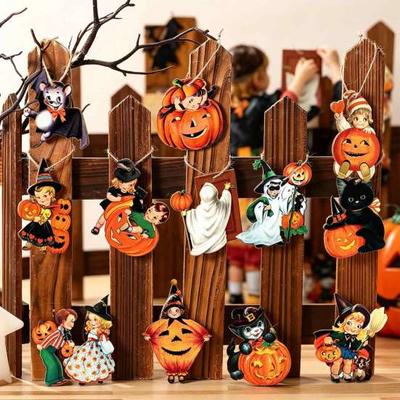 Durable Wooden Character Cutouts Retro Halloween Pendants with Lanyard, Vintage Hanging Ornaments Pumpkin Ghost Black Decorative for Christmas