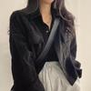 Korean Fashion Long Sleeved Corduroy Shirt Spring Versatile Single Breasted Lapel Jacket for Women's Elegant Casual Pockets Coat