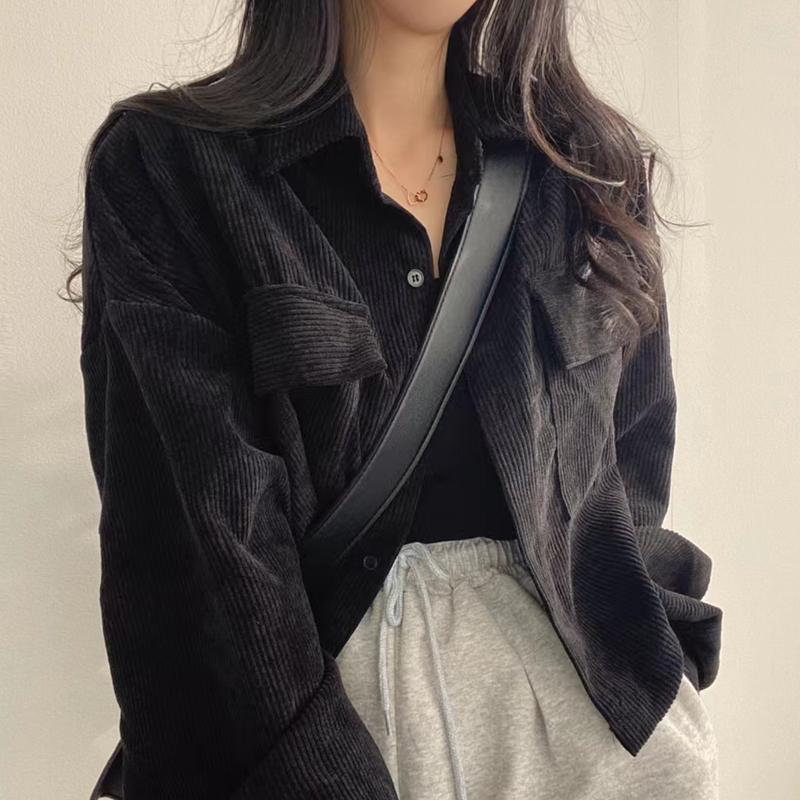 Korean Fashion Long Sleeved Corduroy Shirt Spring Versatile Single Breasted Lapel Jacket for Women's Elegant Casual Pockets Coat