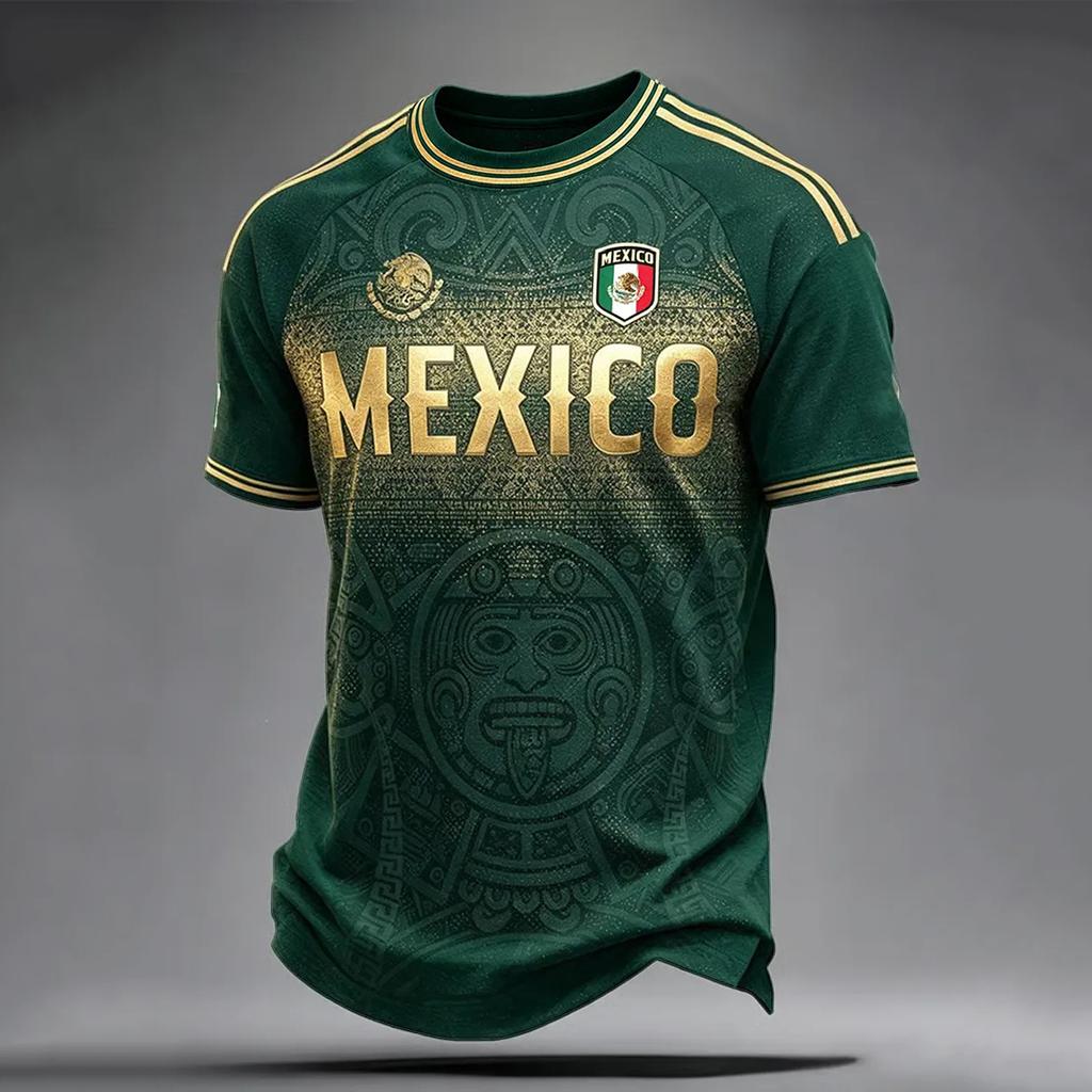 Men's Casual Printed Crew Neck Lightweight Breathable Short Sleeve Shirt Soccer Themed Graphic Mexico Lettering Design