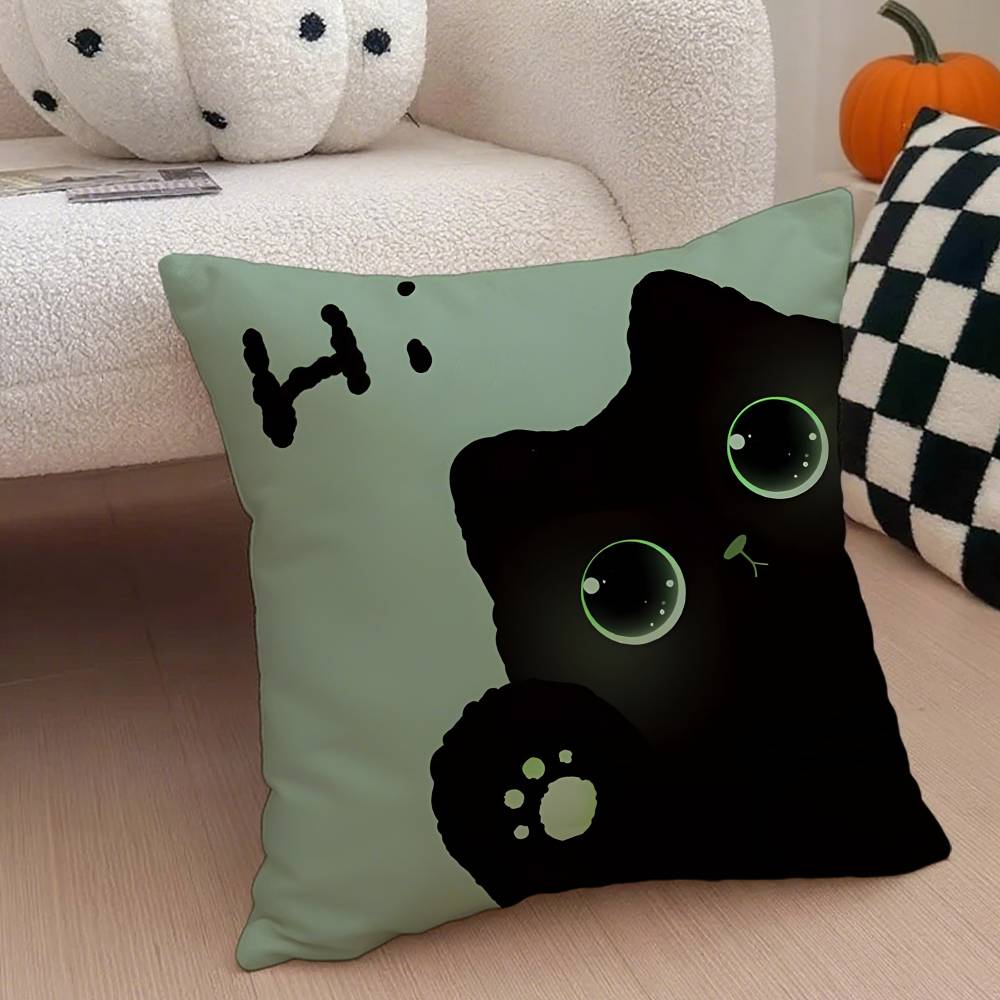 Cute Cartoon Little Black Cat Pillow Case Anti-dustmite Pillowcase Invisible Zipper Silky Short Plush Sofa Cushion Cover