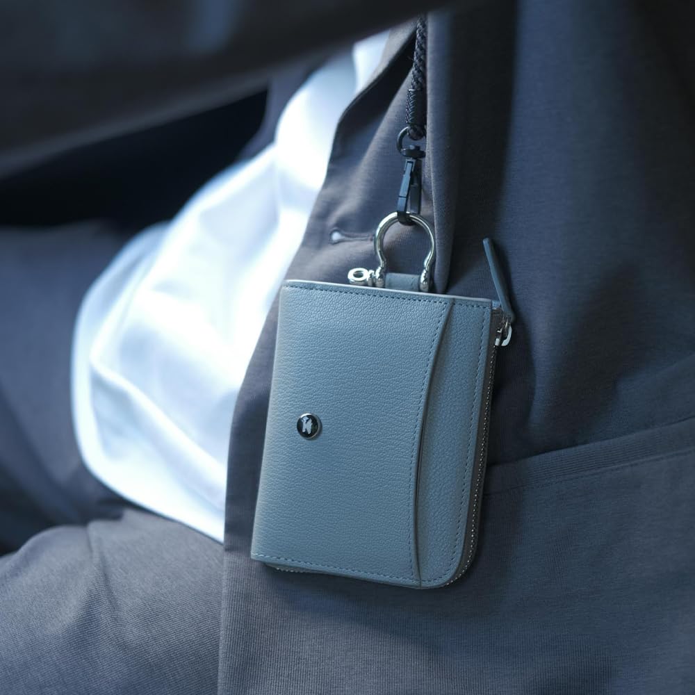 Eponas CONNECT by Eponas Zip Leather Wallet with AirTag Storage Pocket, Genuine French Goat Leather from Arlan, Round Zip (Blue Gray + Shoulder Strap)