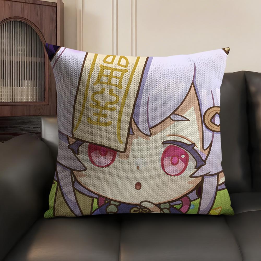 Qiqi Cute Genshin Impact Cushion Cover Natural Linen Organic Fabric DoubleSided Printing Sofa Home Decor Gift Pillow Case