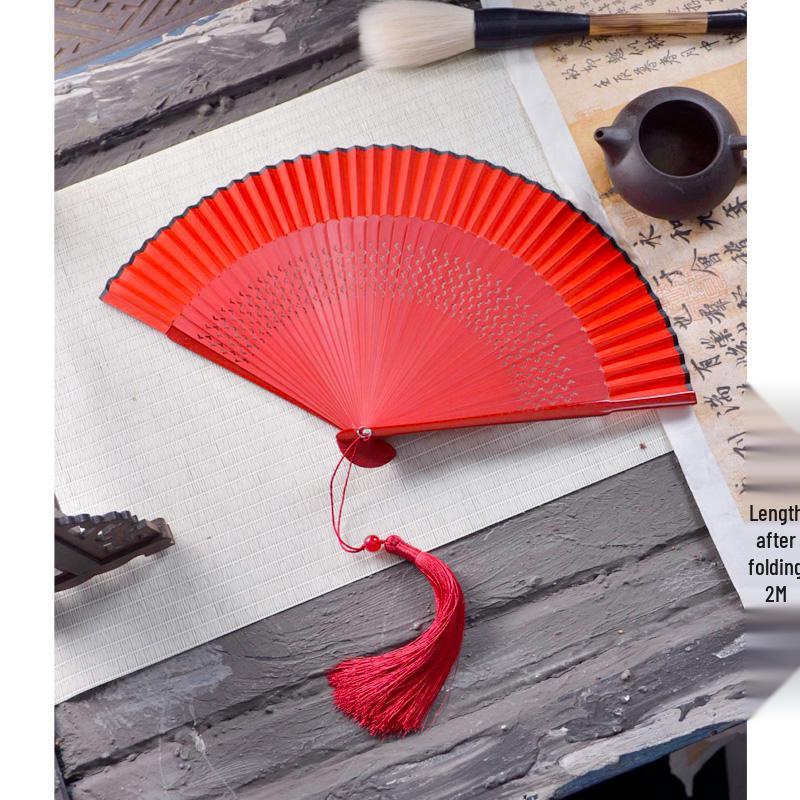 Red Ancient Style Chinese Folding Dance Fan - Easy To Open & Close, Perfect for Hanfu, Cheongsam, and Runway Shows