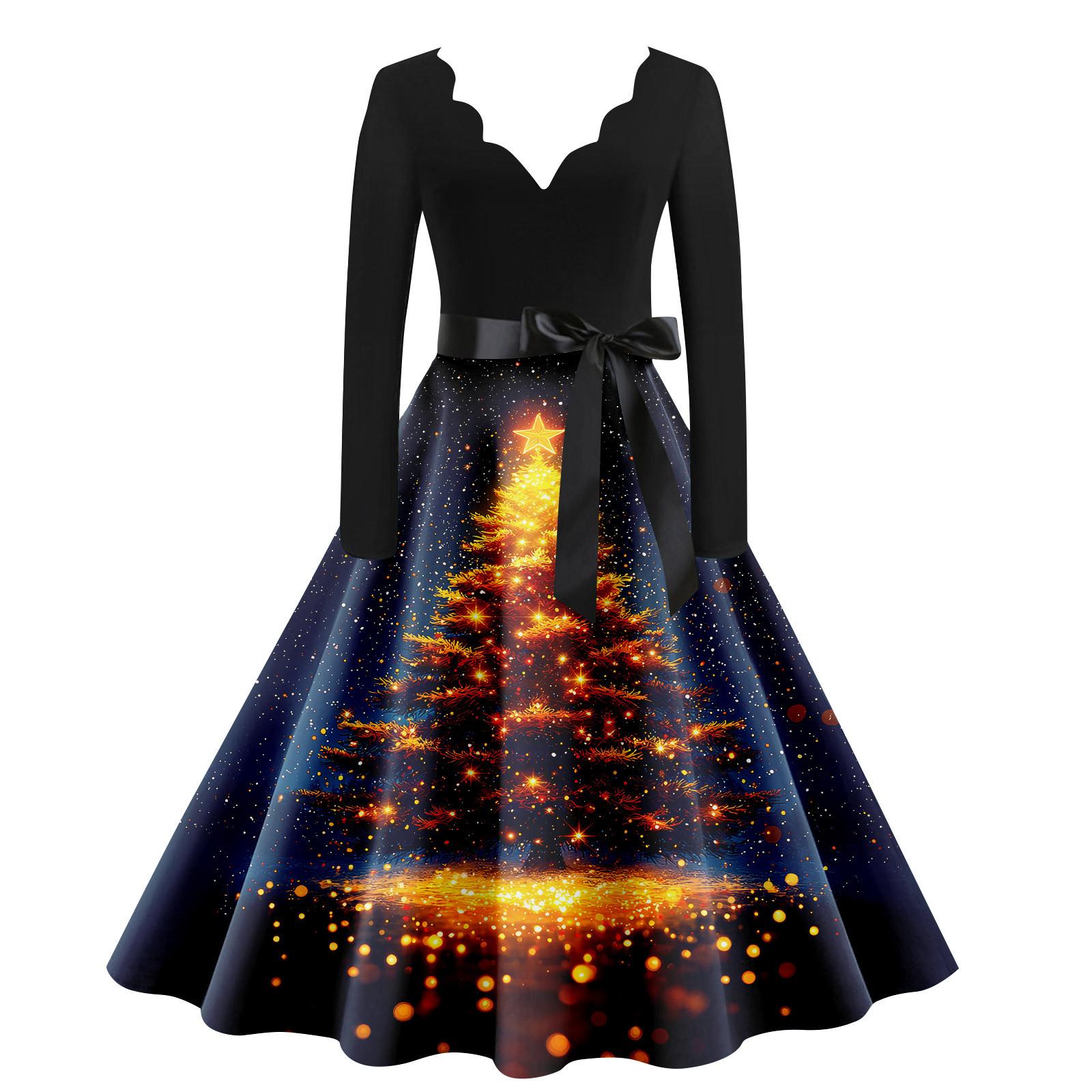 

Женское винтажное классическое платье с воротником на талии, бантом, длинными рукавами, рождественским принтом, V-образным вырезом, свободное платье L синий