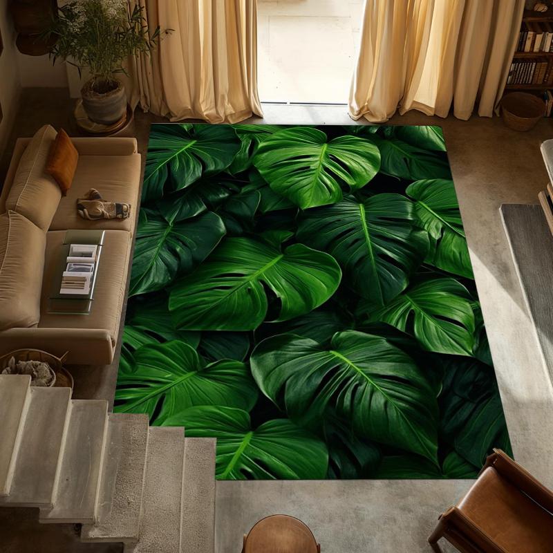 2D Green Monstera Leaf Area Rug Tropical Plant Themed Floor Carpet Non-Slip Washable Bathroom Doormat Living Room Kitchen Carpet