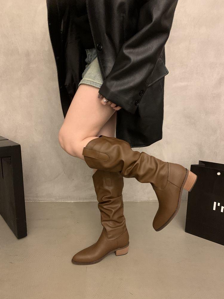 Coarse heel pleated long knight boots women's shoes 2025 new autumn and winter western thin and thin long boots