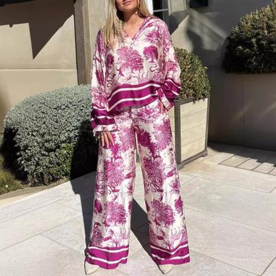 2 Pcs/Set T-shirt Pants Set Floral Print V Neck Long Sleeve Bohemian Striped Top Wide Leg Elastic Waist Pockets Trousers Lady Casual Clothes