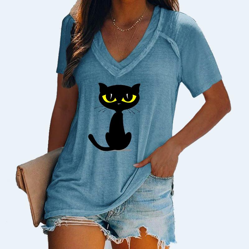

Женская модная футболка с коротким рукавом и V-образным вырезом, летняя повседневная женская футболка с принтом