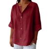 Spring and Summer New Loose T-shirt Women's V-neck Cotton and Linen Button Simple Solid Color Top