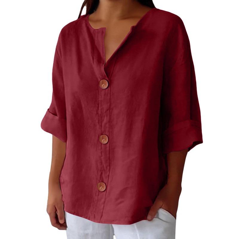 Spring and Summer New Loose T-shirt Women's V-neck Cotton and Linen Button Simple Solid Color Top