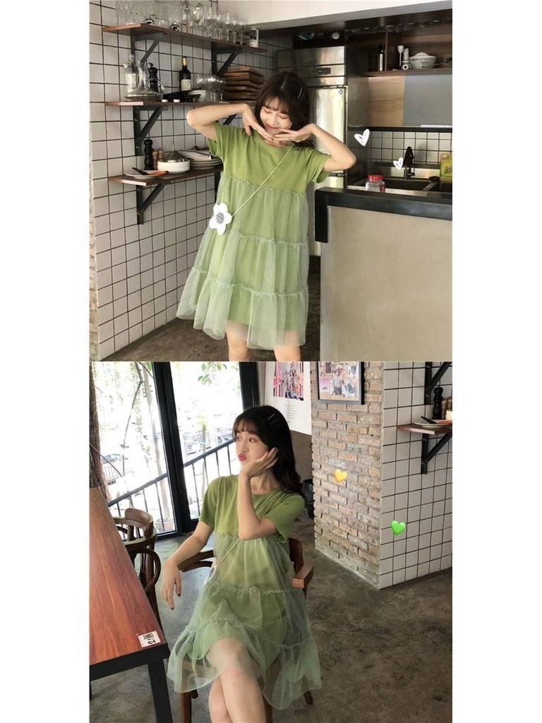 Summer 2023 Korean-Style Maternity Patchwork Dress – Loose Fit, Fresh, Sweet, and Fairy-Themed with Short Sleeves.