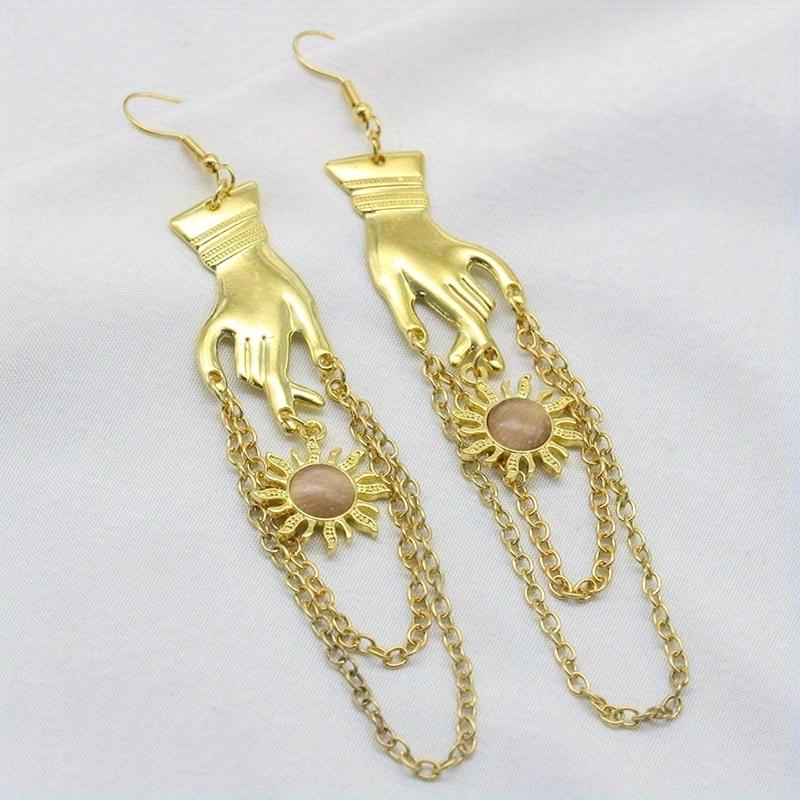 

Преувеличенные серьги-подвески золотого цвета, подвесные цепочки и солнечные уникальные серьги-капли, инкрустированные искусственным драгоценным камнем, идеальные украшения для ушей для женщин