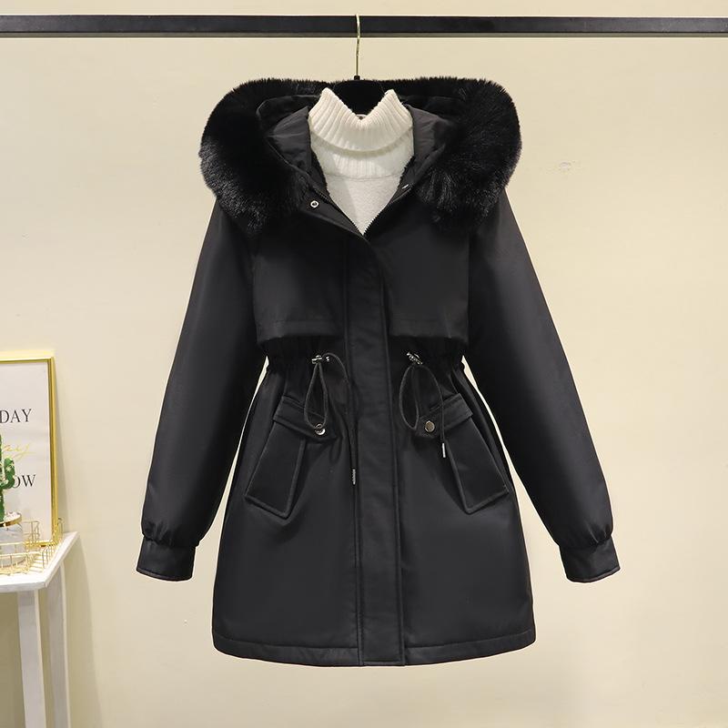 Winter Jackets Women Parka Thicken Warm Jacket Big Fur Collar Hooded Fur Lining Parka Coat Drawstring Slim Clothes