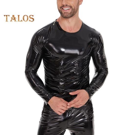 Men's Liquid Shiny Faux Leather Top Metallic Wet Look Long Sleeve Tee Zipper Shoulder Slim Fit Shirt Hip Hop Nightclub Party Blouse