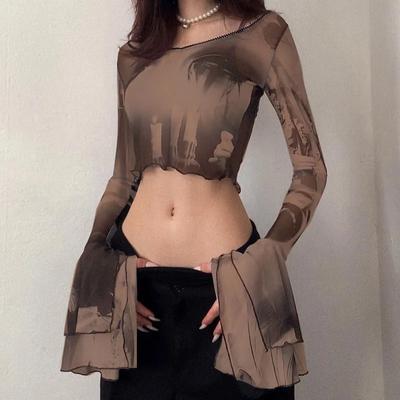 Gothic Uitlopende Mouw See Through T-shirts Emo Sla Zoom Sexy Streetwear Punk Esthetische Print Y2k Mesh Dames Crop Tops