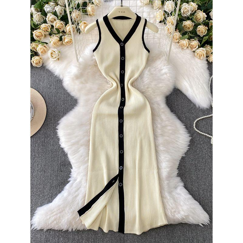French Style Contrast Color V-neck Single-Breasted Sleeveless Dress Women Casual Knitted Stretch Waist Hugging Slimming Sheath Long Skirt