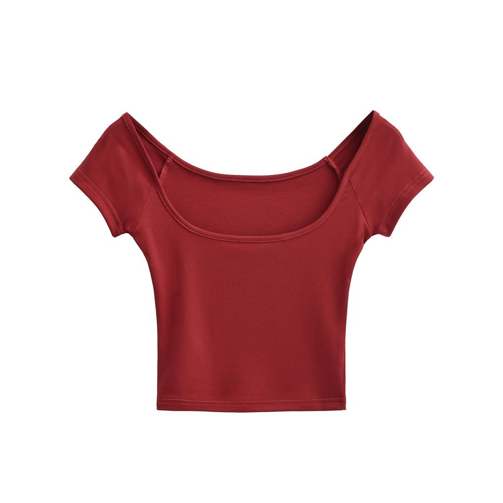 Big U-neck short-sleeved T-shirt women's summer new American Spice Girl style solid color casual inner short bottoming top