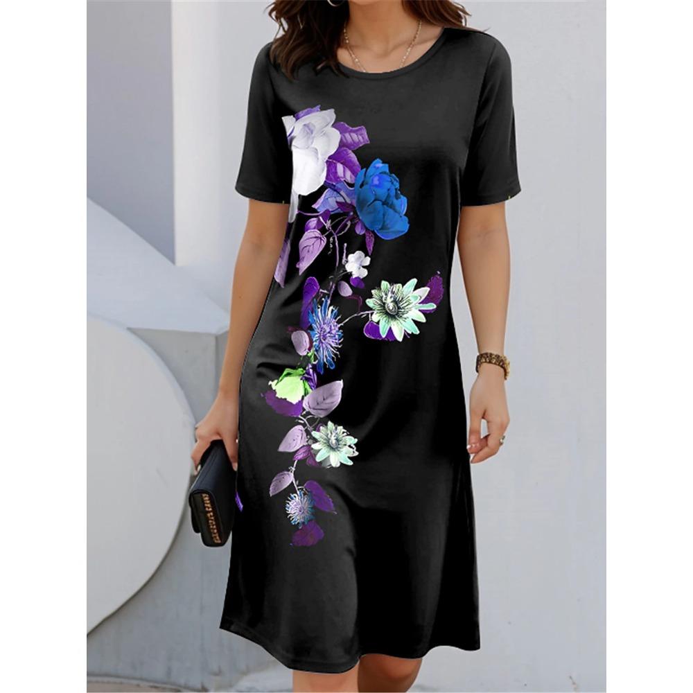 Women's Casual Dress Summer Retro Style Round Neck Short Sleeved Floral Print Comfortable Fashion Daily