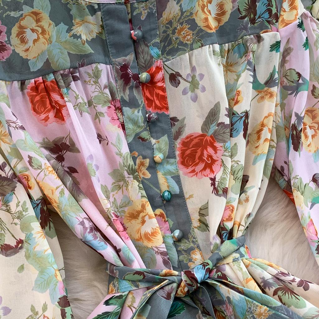 Summer Autumn Women Vintage Print Designer Runway Dresses Full Sleeve Mini Short Party Dresses with Belt