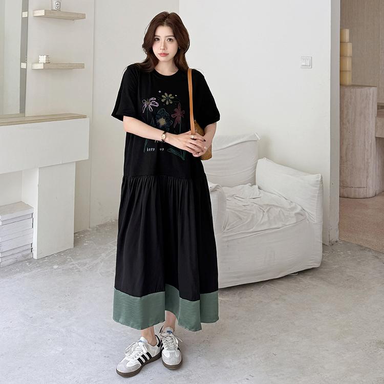 DIMANAF 2026 Plus Size New Dress Summer Women Lady Shirt Dress Floral Loose Beach Casual Long Dresses O-Neck Black
