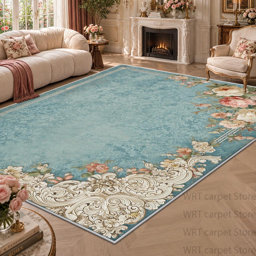 French Style Floral Large Living Room Carpets Machine Washable Fluffy Soft Decoration Rug Bedroom Patio Non-slip Floor Mat Home