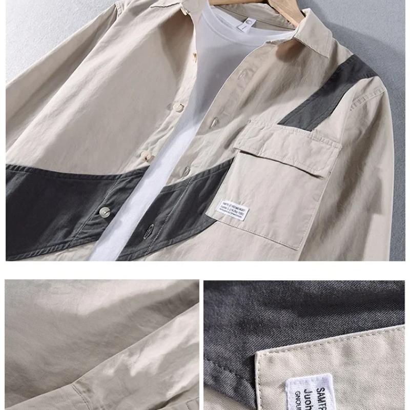 Japanese Style Cargo Shirts for Men Spring/autumn Pure Cotton Long Sleeve Casual Shirts New Fashion Stitching Shirts Youth Men Tops