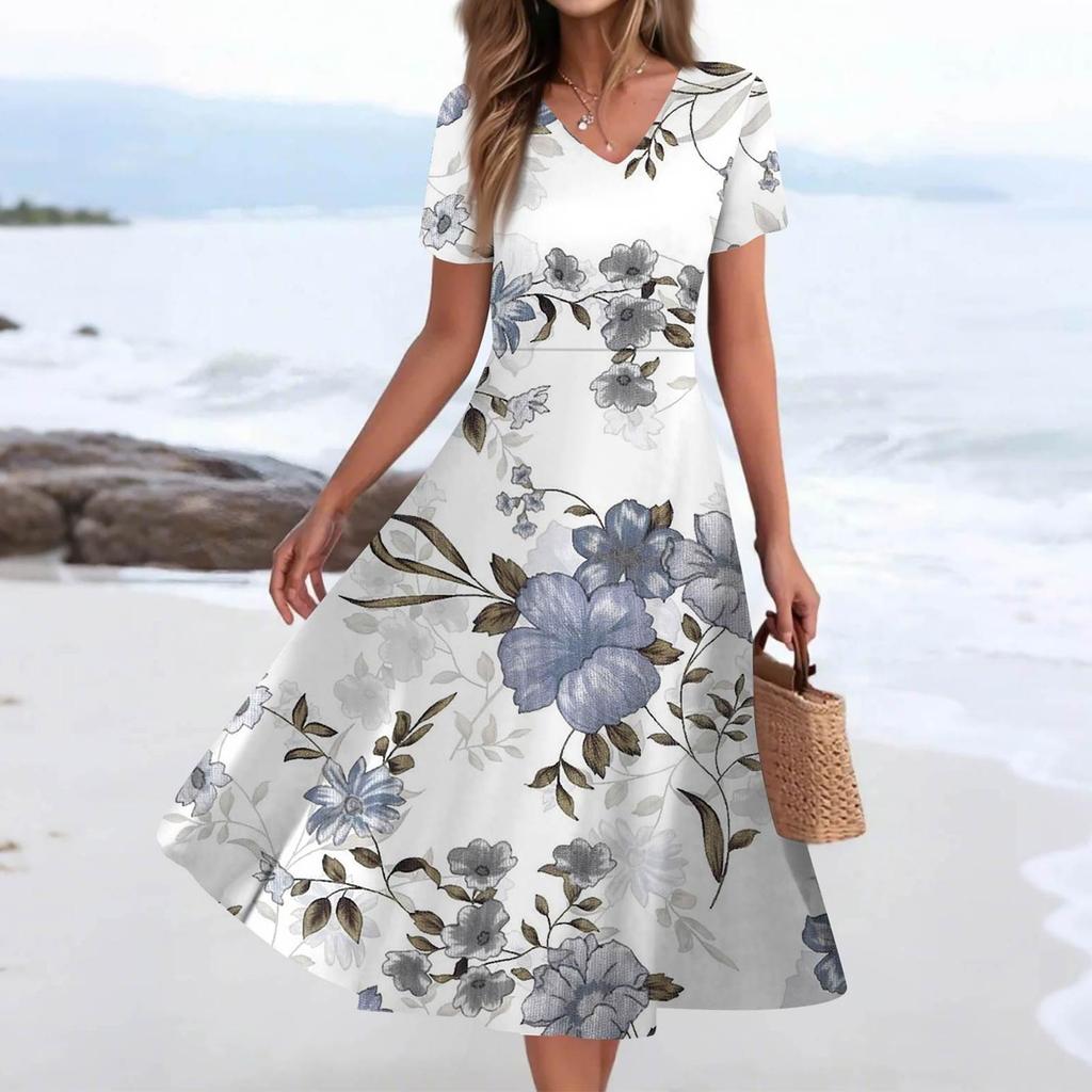 Women's Summer Casual Fashion Print Pocket Short Sleeve V-Neck Swing Dress