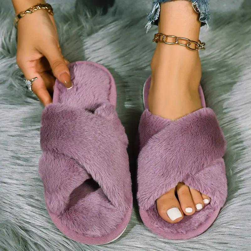 Pantofole da interno in peluche con incrocio invernale, comode e calde, con suola morbida e pelosa, antiscivolo, per la casa