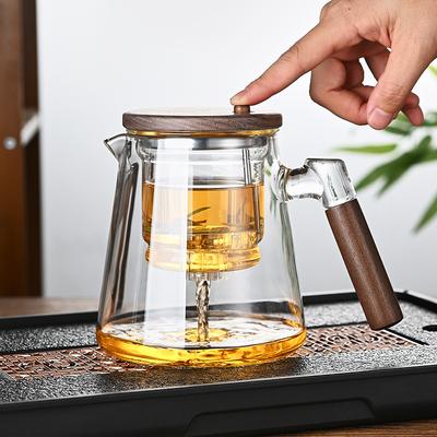 Tek Tıkla Çay Ayırma Filtreleme Cam Çaydanlık Ahşap Saplı Çay Su Ayırma İç Kap Çaydanlık Demlik Filtreli