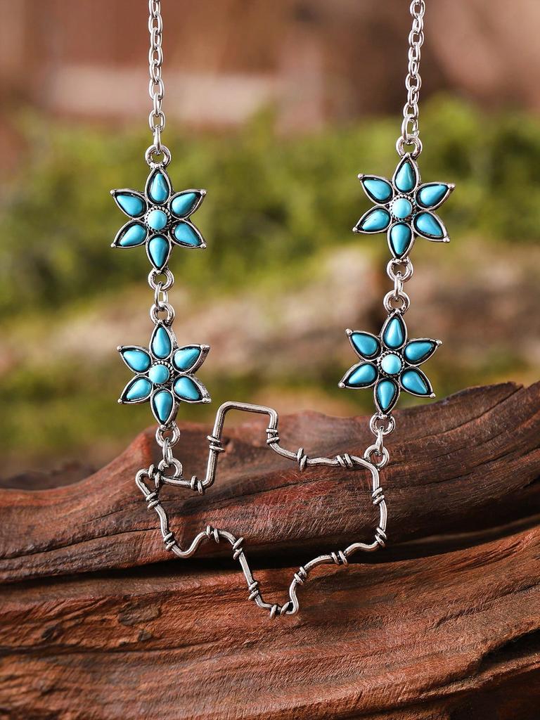 Vintage Hollow Texas Map Pumpkin Flower Turquoise Collar Necklace, Western Style Metal Necklace Gift for Women