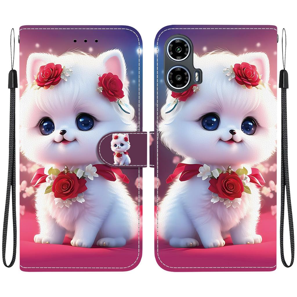 Handmade PU Leather Flip Case for Motorola Moto G34 Anti-Slip Shockproof Cover with Wrist Strap & Heart/Rose Cat Designs