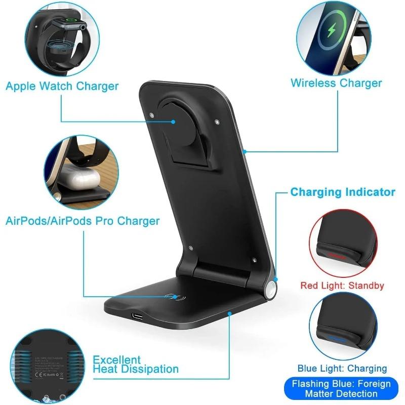 Kabelloses Ladegerät Faltbare 3-in-1 Kabellose Ladestation Schnellladeständer für iPhone 15 Samsung Galaxy S24 Xiaomi