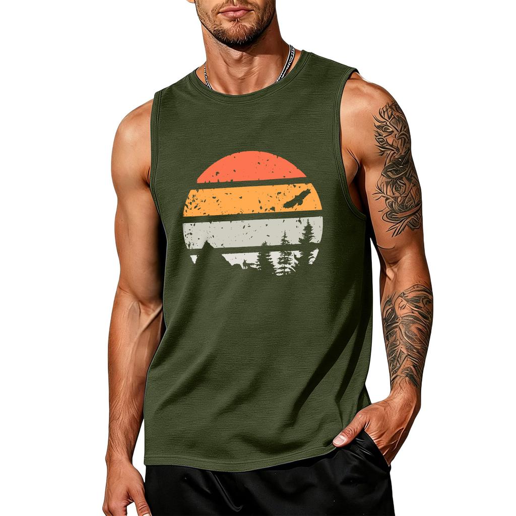 Mens Sleeveless Tank Top Crew Neck Graphic Print Vintage Style Casual Loose Fit Comfortable Shirt