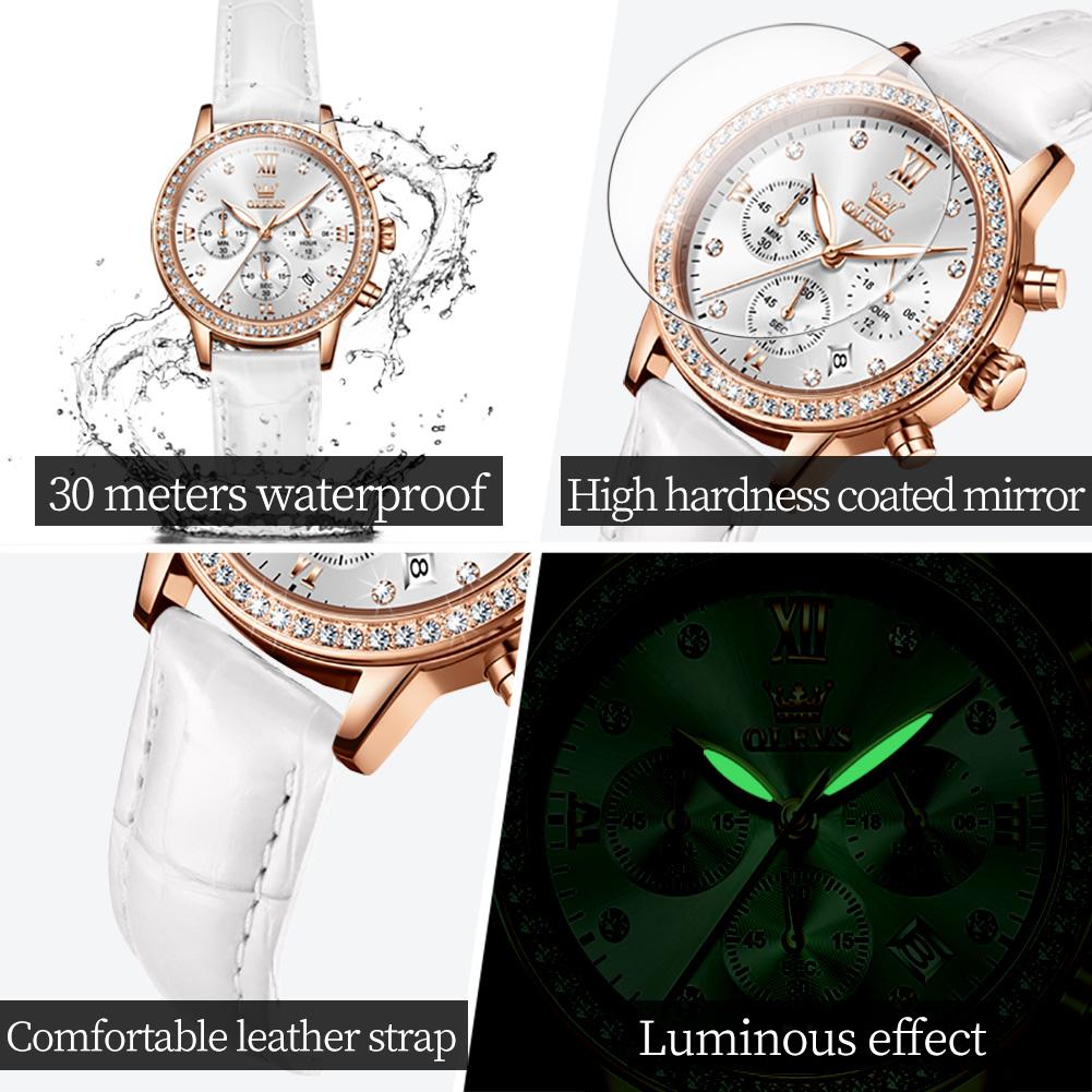 OLEVS 9933 Women' Watches Luxury Brand Diamond Quartz Wristwatch Waterproof Luminous Leather Strap Multifunction Ladies Watch