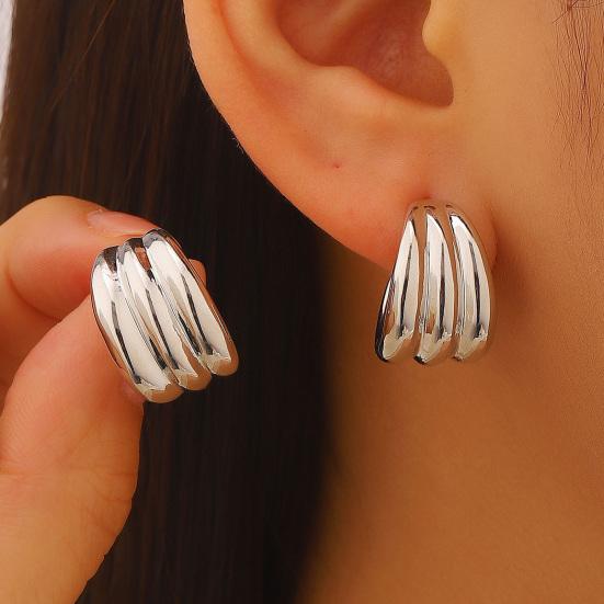 Plated Hoop Earrings for Women Triple Hoop Illusion Stud Earrings C-Shaped Multi-Layered Earrings for Wedding Prom Events